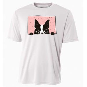 Boston Terrier Peeking Cooling Performance Crew T-Shirt