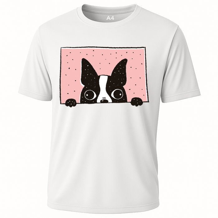 Boston Terrier Peeking Cooling Performance Crew T-Shirt