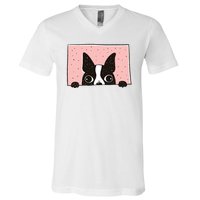 Boston Terrier Peeking V-Neck T-Shirt