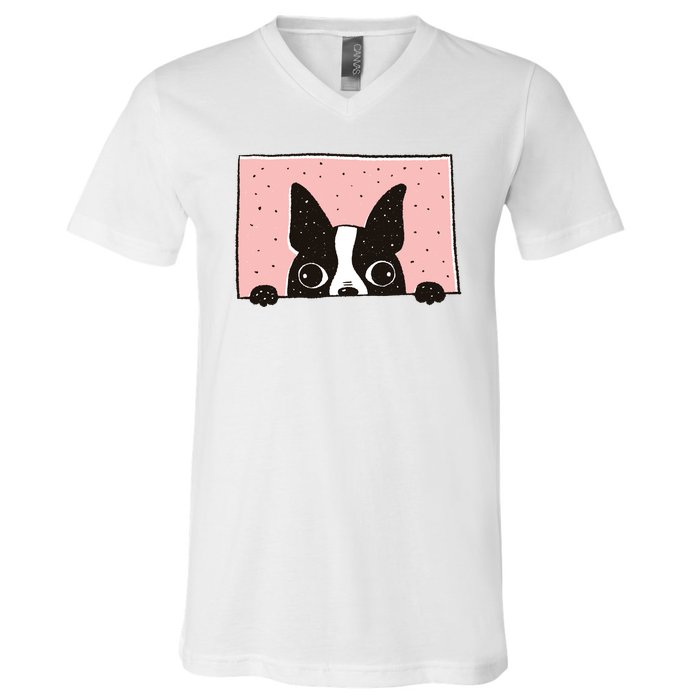 Boston Terrier Peeking V-Neck T-Shirt