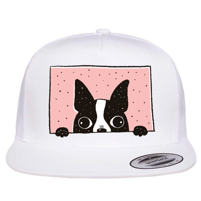 Boston Terrier Peeking Flat Bill Trucker Hat