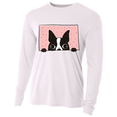 Boston Terrier Peeking Cooling Performance Long Sleeve Crew