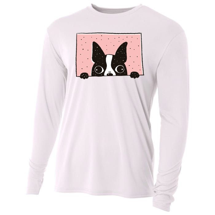 Boston Terrier Peeking Cooling Performance Long Sleeve Crew