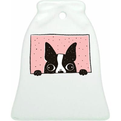 Boston Terrier Peeking Ceramic Bell Ornament