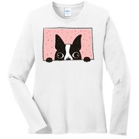 Boston Terrier Peeking Ladies Long Sleeve Shirt