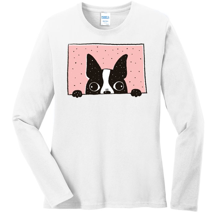 Boston Terrier Peeking Ladies Long Sleeve Shirt