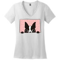 Boston Terrier Peeking Women's V-Neck T-Shirt