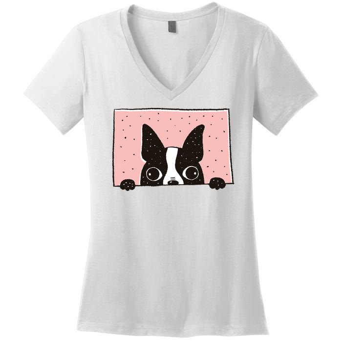 Boston Terrier Peeking Women's V-Neck T-Shirt