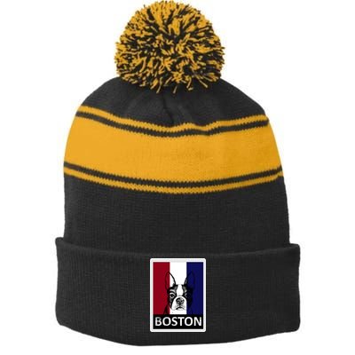 Boston Terrier Portrait  Stripe Pom Pom Beanie