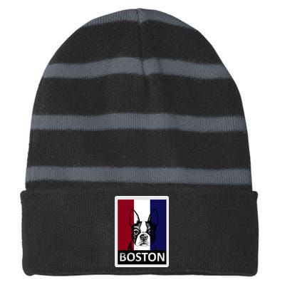 Boston Terrier Portrait  Striped Beanie with Solid Band