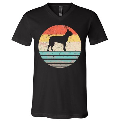 Boston Terrier Retro Sun V-Neck T-Shirt