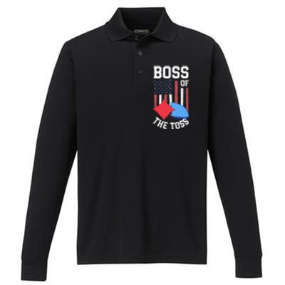 Boss Of The Toss Funny Cornhole Gifts For Bean Bag Toss Performance Long Sleeve Polo