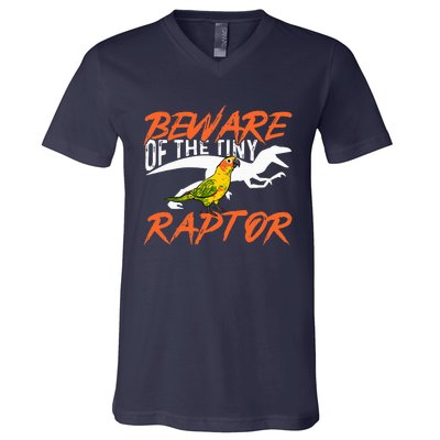 Beware Of The Tiny Raptor Parrot Bird Conure V-Neck T-Shirt