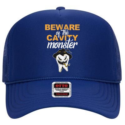 Beware Of The Cavity Monster Halloween Tooth Oral Hygiene High Crown Mesh Back Trucker Hat