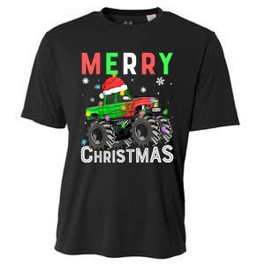 Boy Onster Truck Merry Christmas Santa Hat Cooling Performance Crew T-Shirt