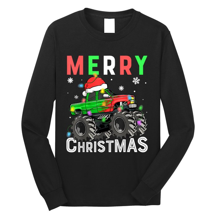 Boy Onster Truck Merry Christmas Santa Hat Long Sleeve Shirt