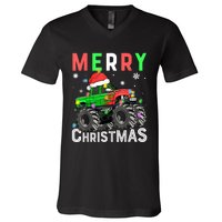 Boy Onster Truck Merry Christmas Santa Hat V-Neck T-Shirt