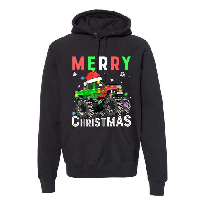 Boy Onster Truck Merry Christmas Santa Hat Premium Hoodie