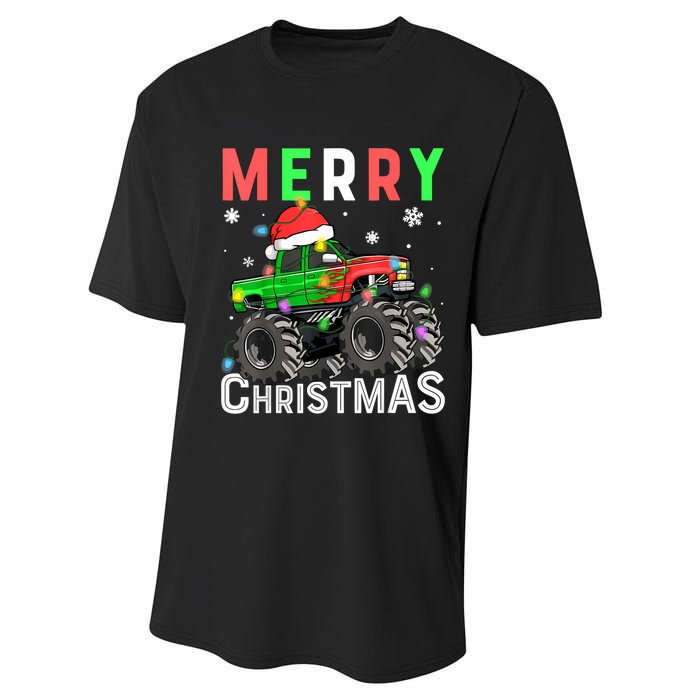 Boy Onster Truck Merry Christmas Santa Hat Performance Sprint T-Shirt