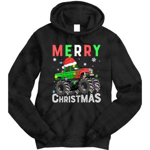 Boy Onster Truck Merry Christmas Santa Hat Tie Dye Hoodie