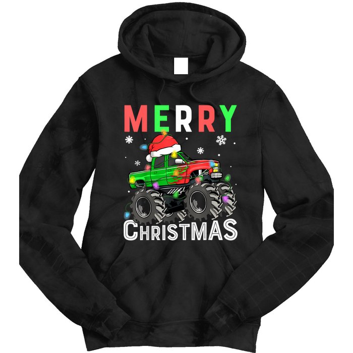 Boy Onster Truck Merry Christmas Santa Hat Tie Dye Hoodie