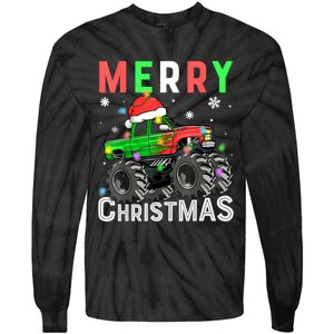 Boy Onster Truck Merry Christmas Santa Hat Tie-Dye Long Sleeve Shirt