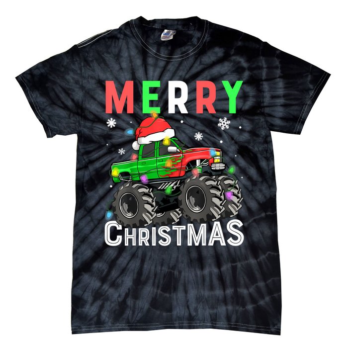 Boy Onster Truck Merry Christmas Santa Hat Tie-Dye T-Shirt