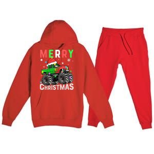 Boy Onster Truck Merry Christmas Santa Hat Premium Hooded Sweatsuit Set