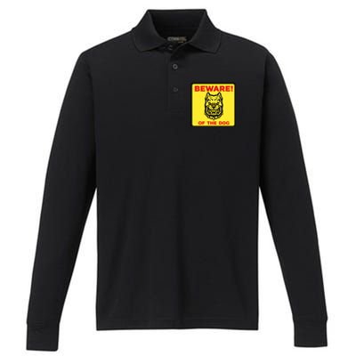 Beware Of The Dog Yellow Sign Performance Long Sleeve Polo