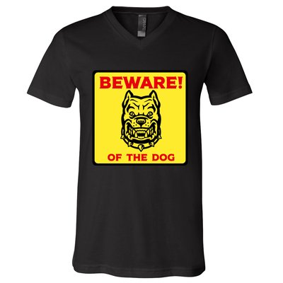 Beware Of The Dog Yellow Sign V-Neck T-Shirt