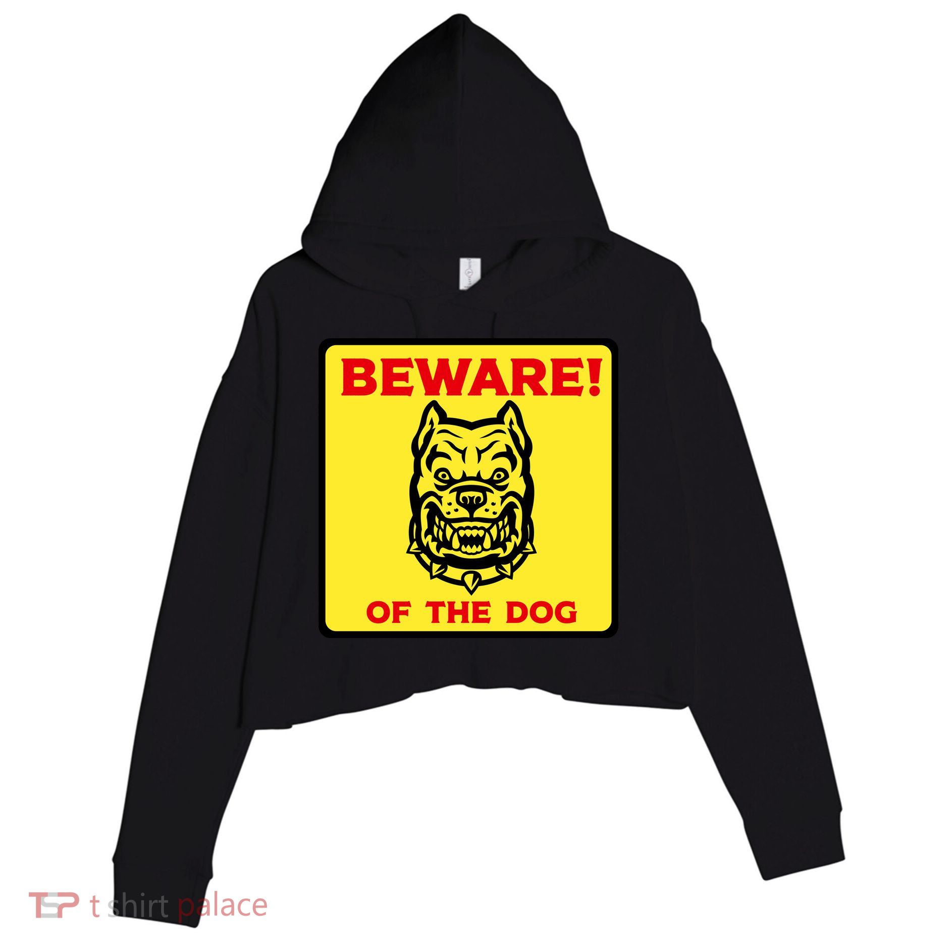 Beware Of The Dog Yellow Sign Crop Fleece Hoodie