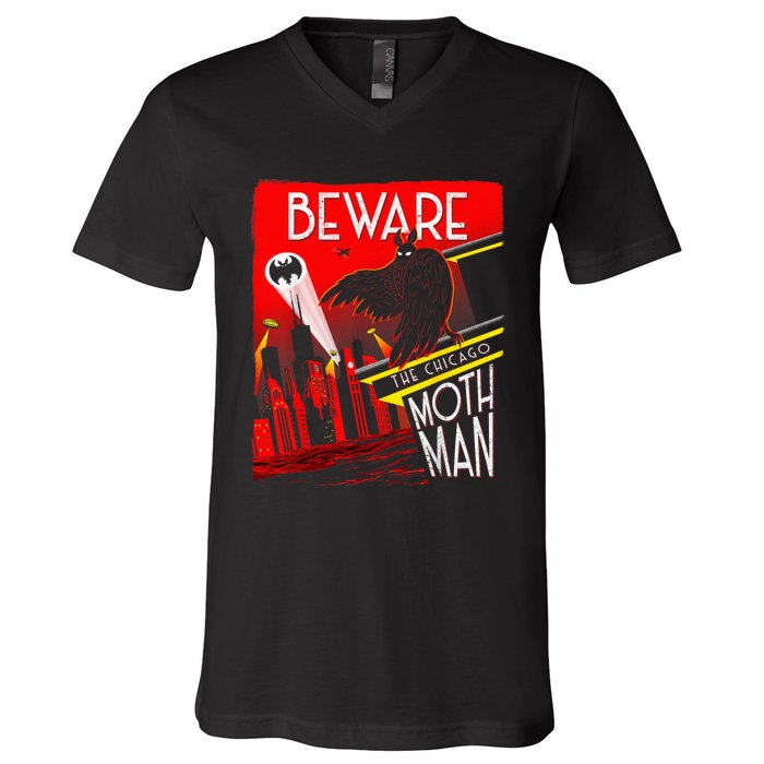 Beware Of The Chicago Mothman! Art Deco Pop Culture Cryptid V-Neck T-Shirt