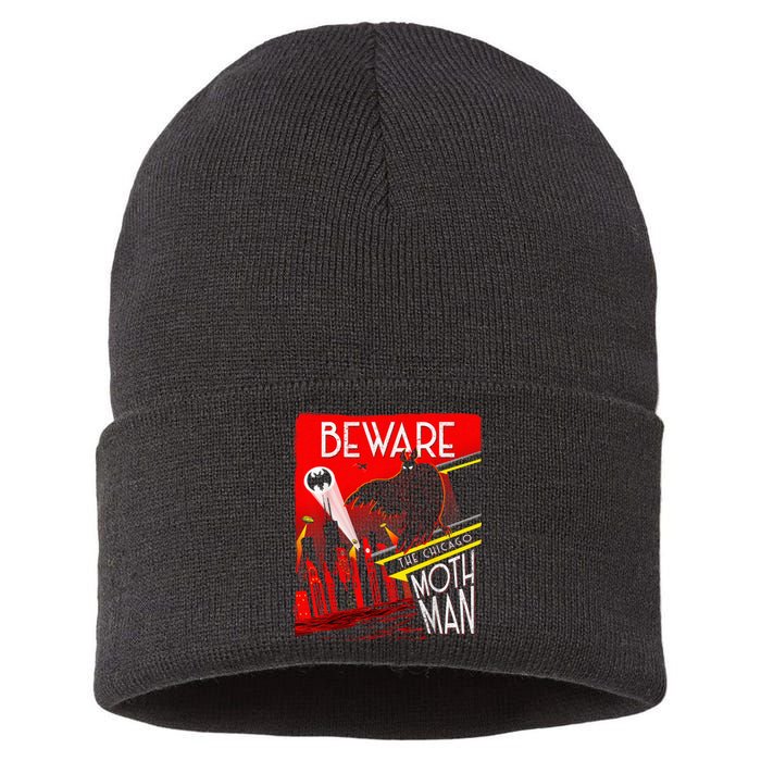 Beware Of The Chicago Mothman! Art Deco Pop Culture Cryptid Sustainable Knit Beanie