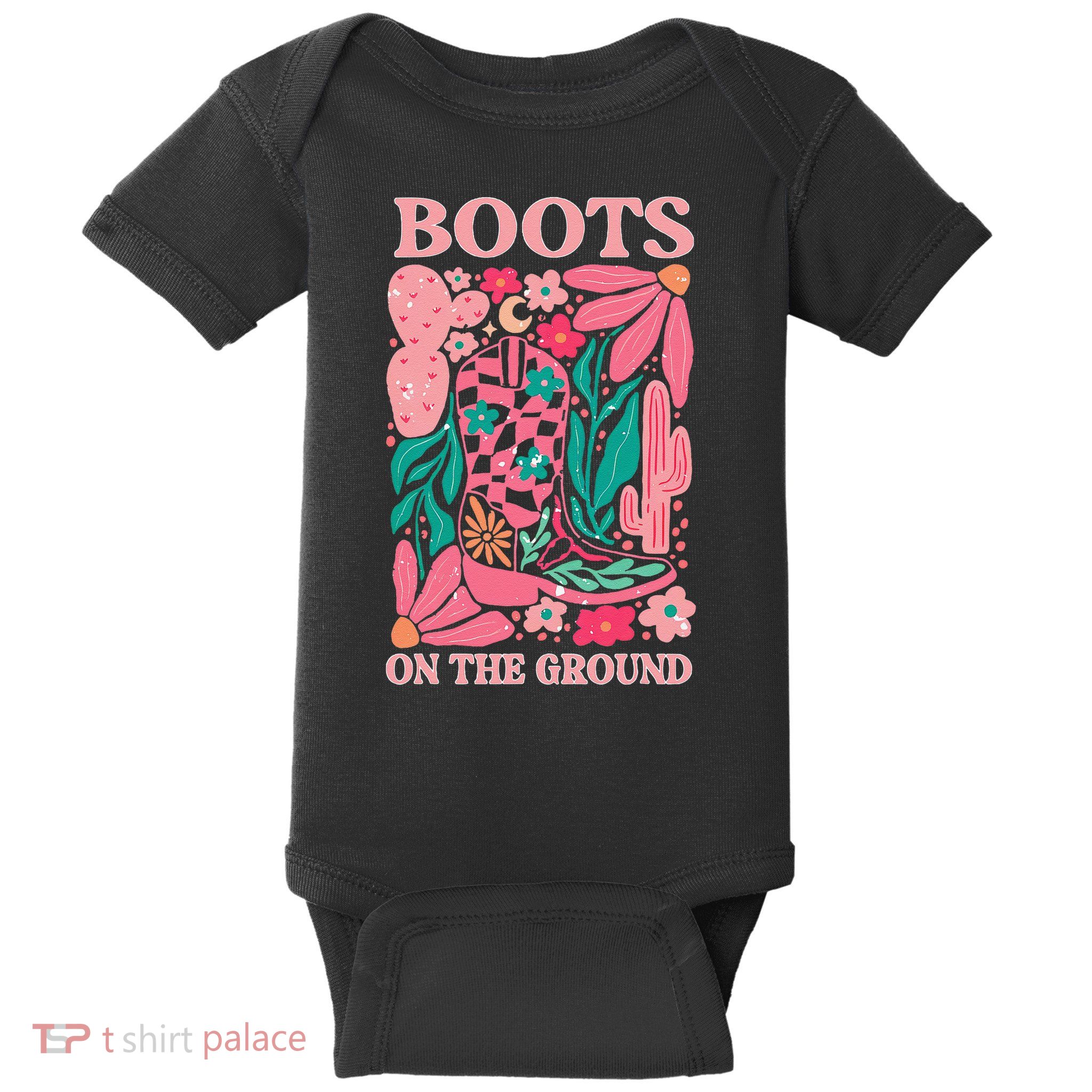 Boots On The Ground Cowgirl Cowboy Western Retro Floral Baby Bodysuit