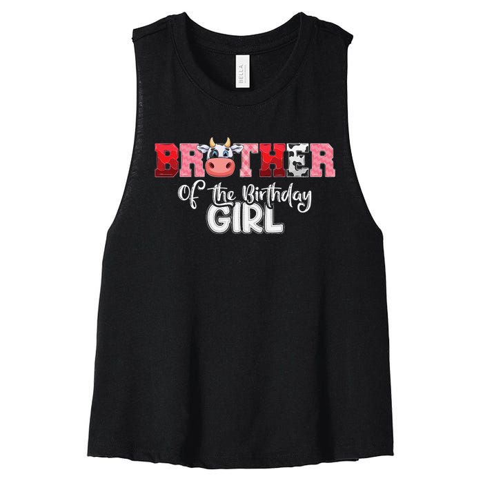 Brother of The Birthday  Cow Family Cow Farm Matching Women's Racerback Cropped Tank