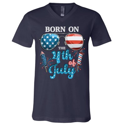 Born On The Fourth Of July 4th Of July Birthday Patriotic V-Neck T-Shirt