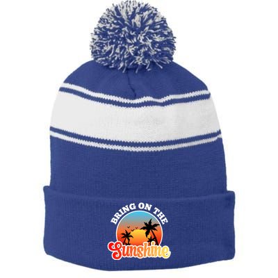 Bring On The Sunshine Summer Vacations Palm Trees Sunset Cute Gift Stripe Pom Pom Beanie