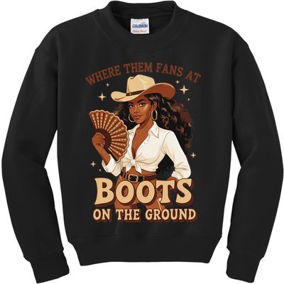 Boots On The Ground Where Them Fans At Black Cowgirl Kids Sweatshirt