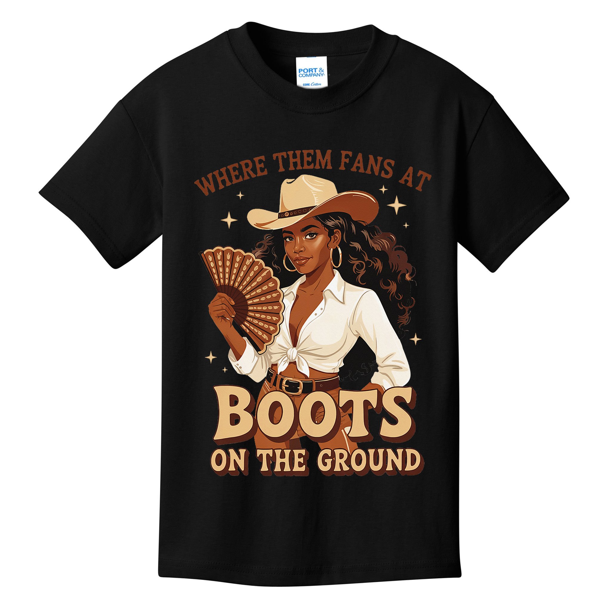 Boots On The Ground Where Them Fans At Black Cowgirl Kids T-Shirt