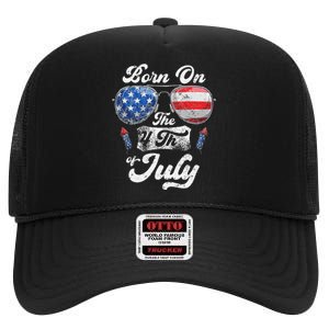 Born On The 4th Of July Birthday Independence Day High Crown Mesh Back Trucker Hat