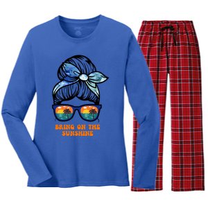 Bring On The Sunshine Messy Bun Sunsets Summer Funny Beach Cool Gift Women's Long Sleeve Flannel Pajama Set 