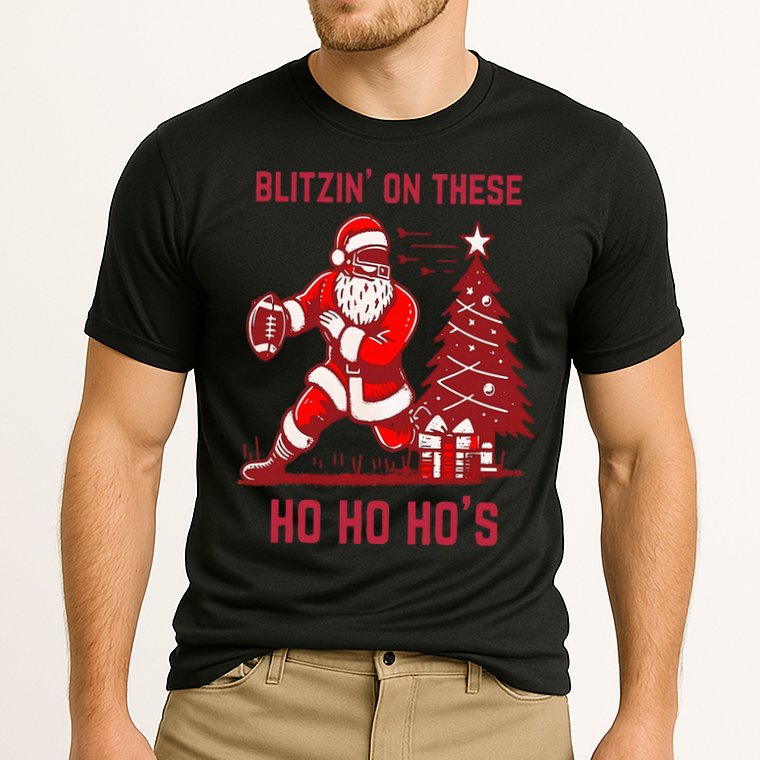 Blitzing On These Ho Ho Ho's Funny Santa Football Christmas  Cooling Performance Crew T-Shirt