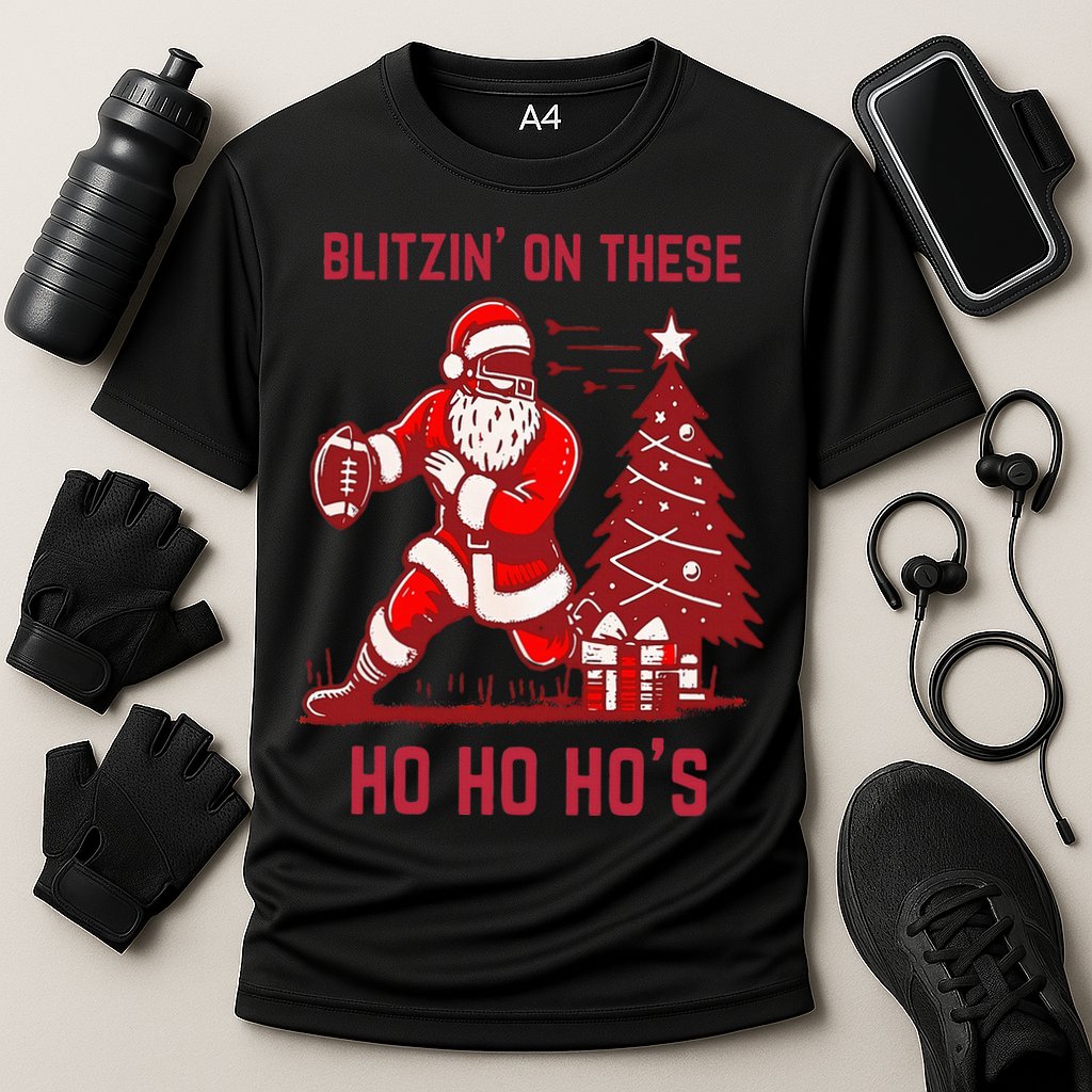 Blitzing On These Ho Ho Ho's Funny Santa Football Christmas  Cooling Performance Crew T-Shirt