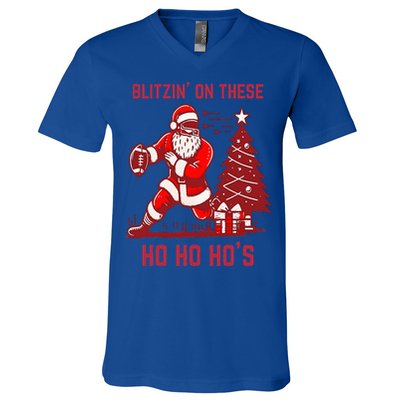 Blitzing On These Ho Ho Ho's Funny Santa Football Christmas  V-Neck T-Shirt