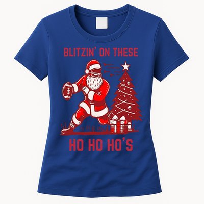Blitzing On These Ho Ho Ho's Funny Santa Football Christmas  Womens T-Shirt