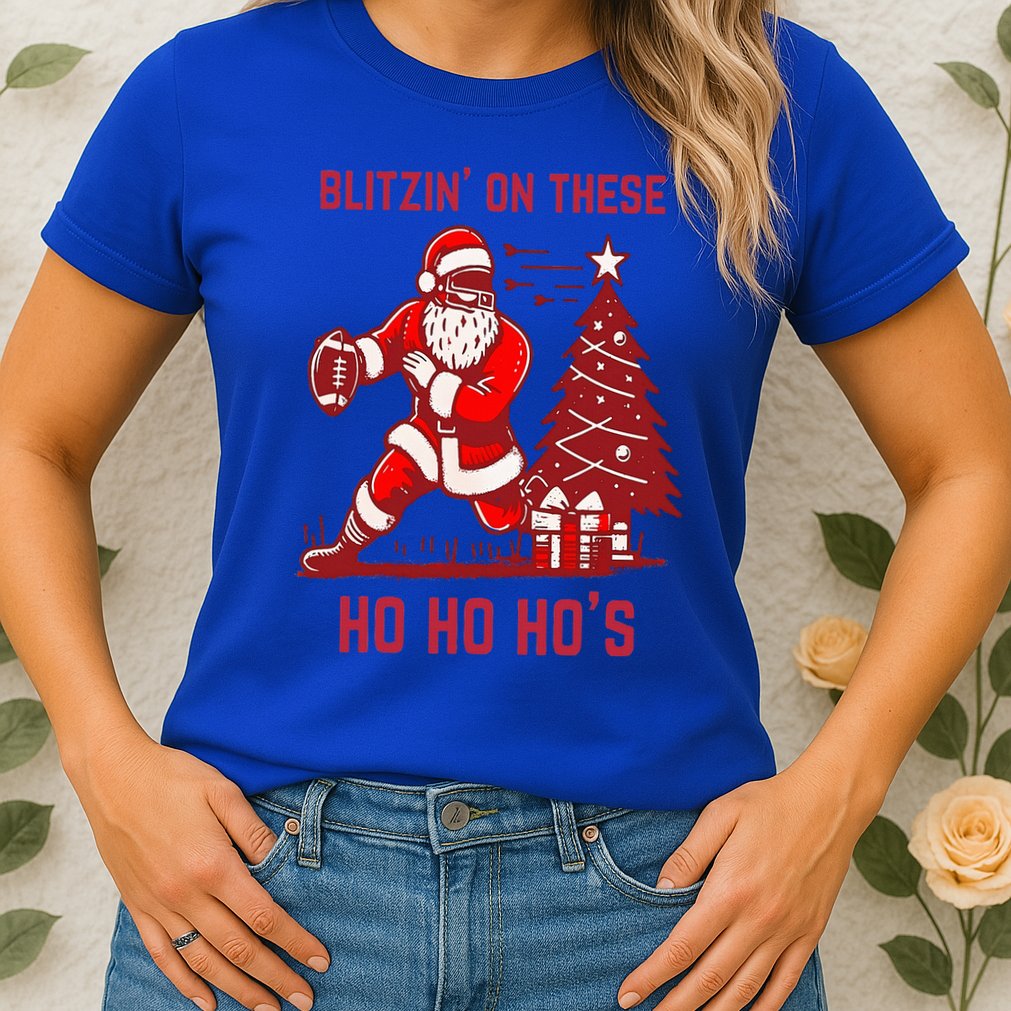 Blitzing On These Ho Ho Ho's Funny Santa Football Christmas  Womens T-Shirt