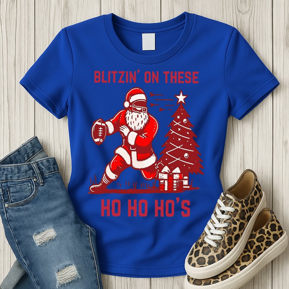 Blitzing On These Ho Ho Ho's Funny Santa Football Christmas  Womens T-Shirt
