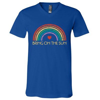 Bring On The Sun Cheerful Summer Sunshine Retro Rainbow Gift V-Neck T-Shirt