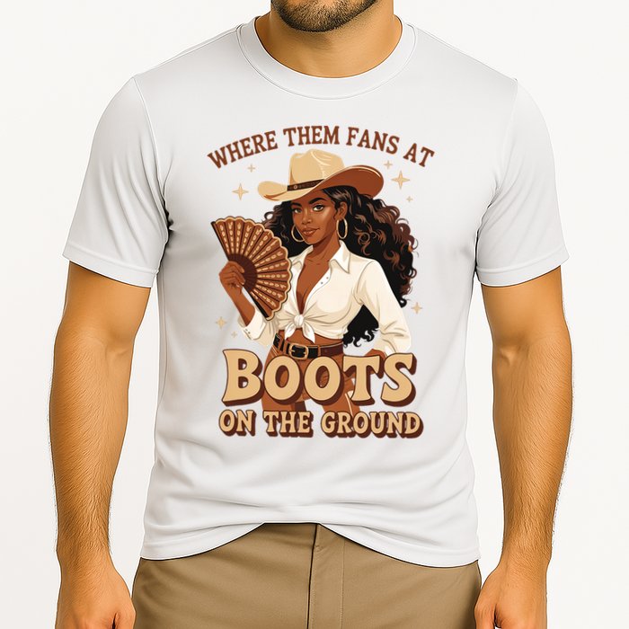Boots On The Ground Where Them Fans At Black Cowgirl Performance Shirt