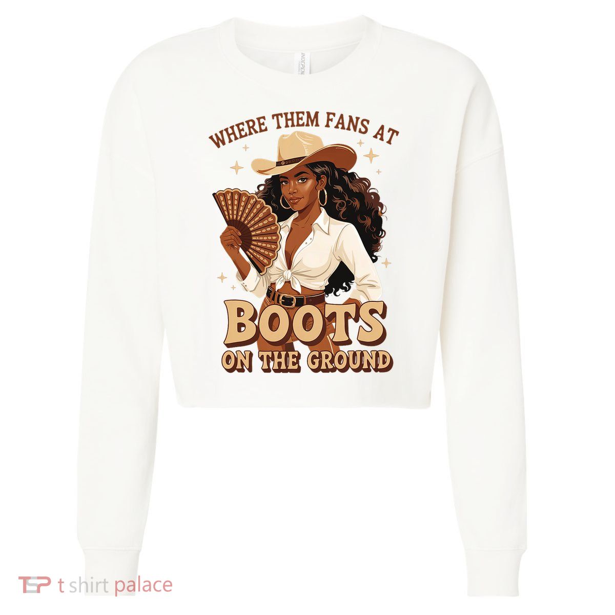 Boots On The Ground Where Them Fans At Black Cowgirl Cropped Pullover Crew
